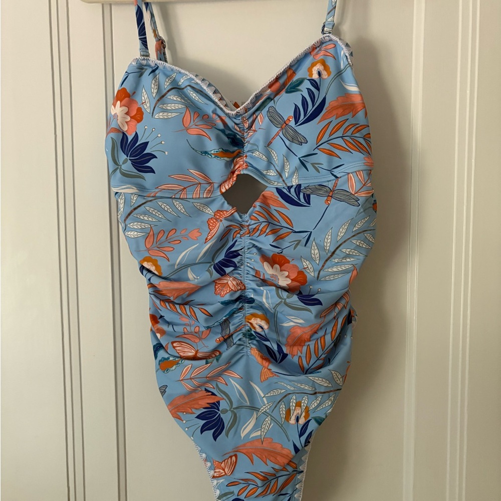 Cupshe White and Blue Swimsuit with Cutout